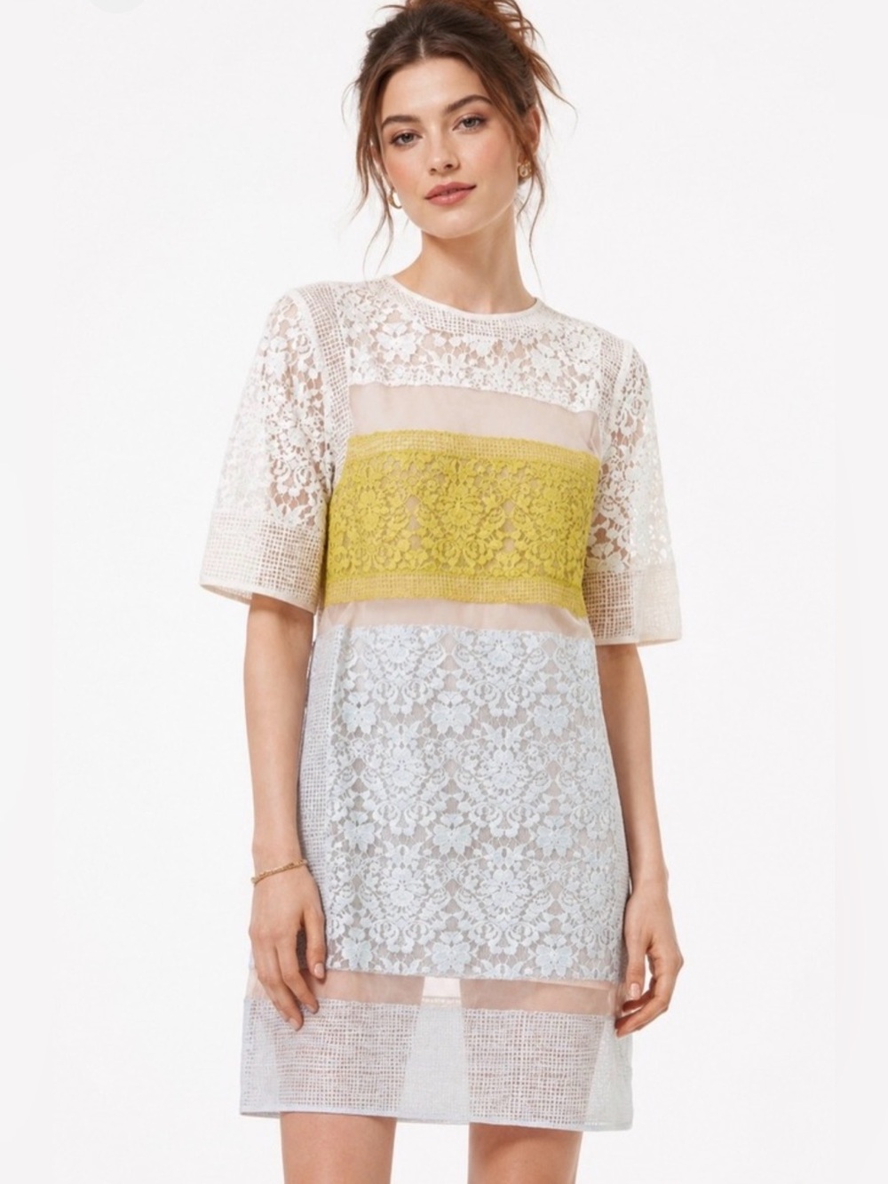 Rebecca Taylor Silk Colorblock Lace Shift Dress Chartreuse Blue Ivory Designer S